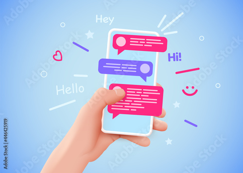Hand holding phone with messages. Communication and social networking concept. Vector illustration