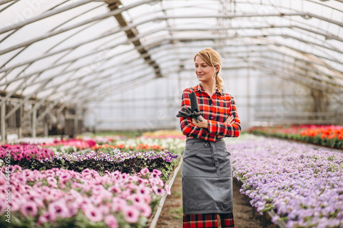 Woman gardner looking after flowers in a greenhouse