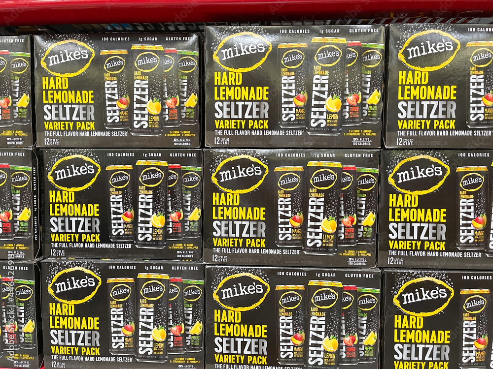 Cases of Mikes Hard Lemonade Seltzer in the wine and beer aisle at a ...