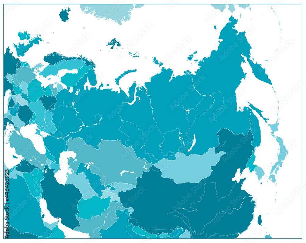 Obraz premium Eurasia political map in aqua blue colors isolated on white. No text