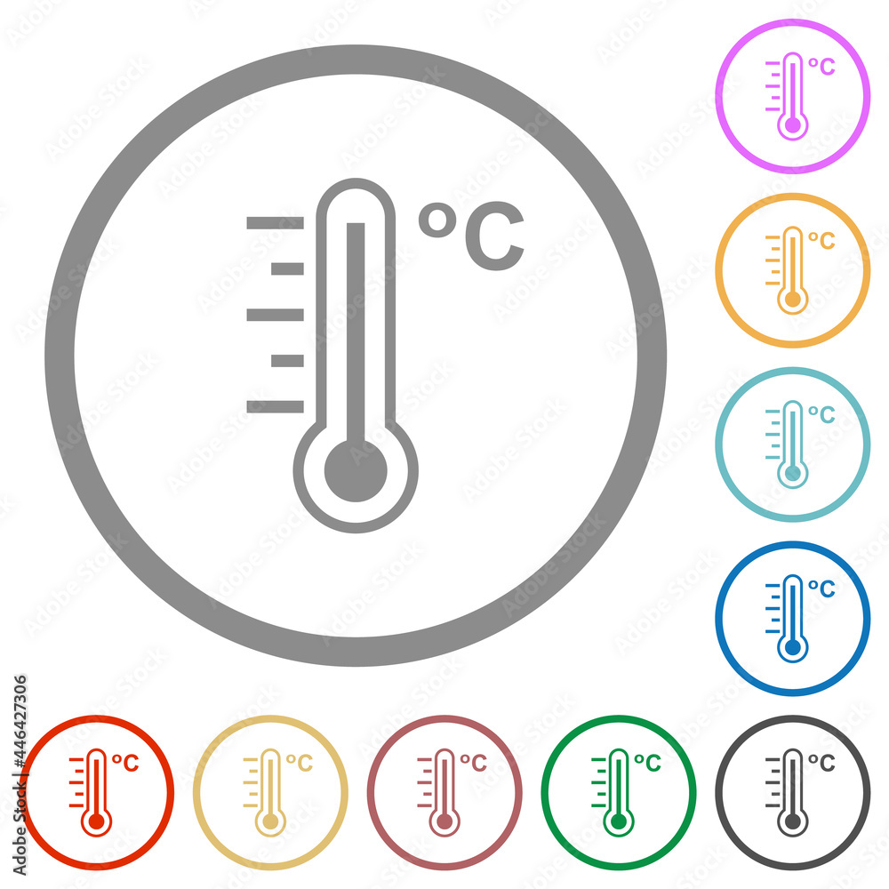 Celsius thermometer warm temperature flat icons with outlines Celsius thermometer warm temperature flat icons with outlines
