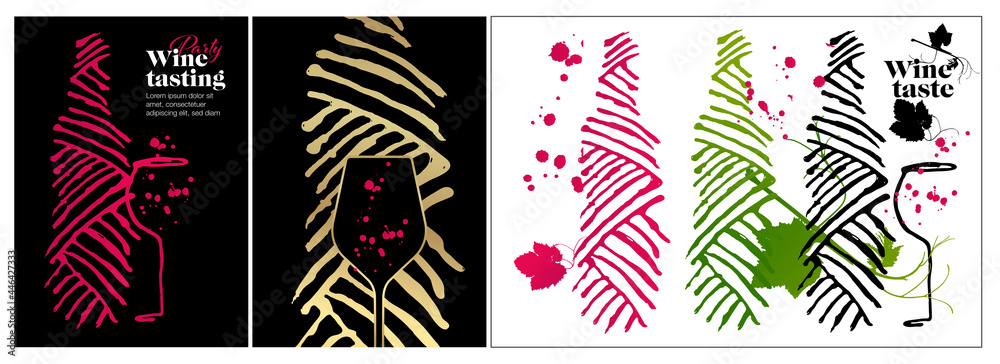 Idea of artistic designs with bottles and glasses of wine or drink. Sketch silhouette of vine leaves.