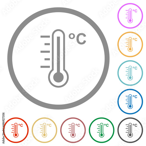 Celsius thermometer warm temperature flat icons with outlines