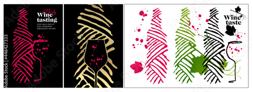 Idea of artistic designs with bottles and glasses of wine or drink. Sketch silhouette of vine leaves.