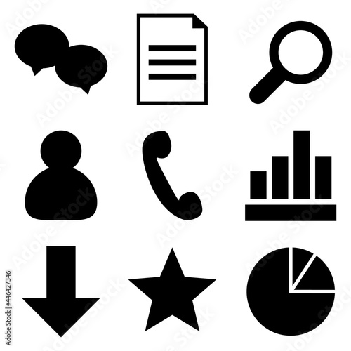 Icons set. Chat, phone, search, diagrams, avatar, download, file. Vector pack. photo