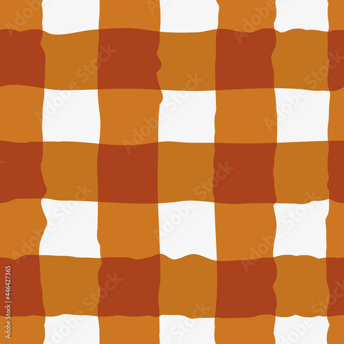 Vector watercolor effect gingham seamless pattern background. Organic irregular stripes painterly grid plaid backdrop. Ochre white checked design. Crinkle faux cloth repeat for packaging, wellness