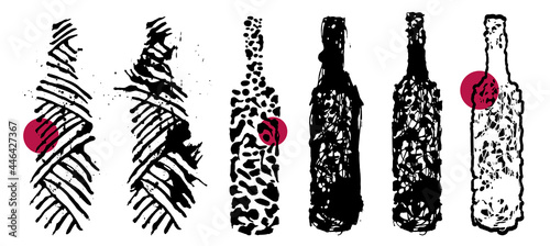Artistic illustration of wine bottles. Vineyard idea concept and wine drops. Creativity for decoration, design backgrounds and prints.