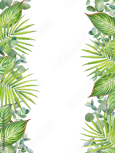 Fototapeta Naklejka Na Ścianę i Meble -  Floral frame with watercolor green tropical leaves and branches