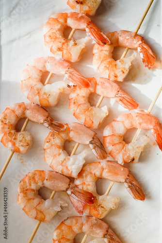 Fried shrimp on a skewer. Beautiful catering banquet buffet table. Banquet service. High quality photo