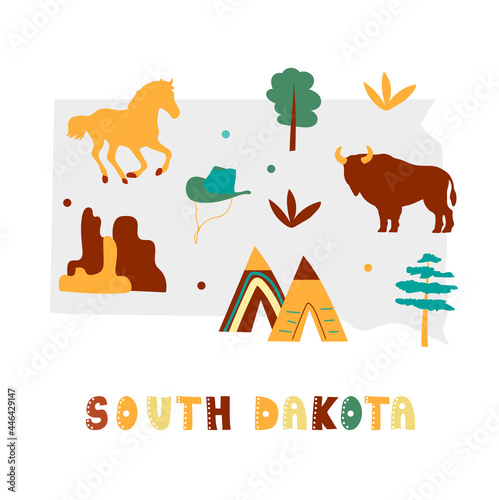 USA map collection. State symbols and nature on gray state silhouette - South Dakota. Cartoon simple style for print