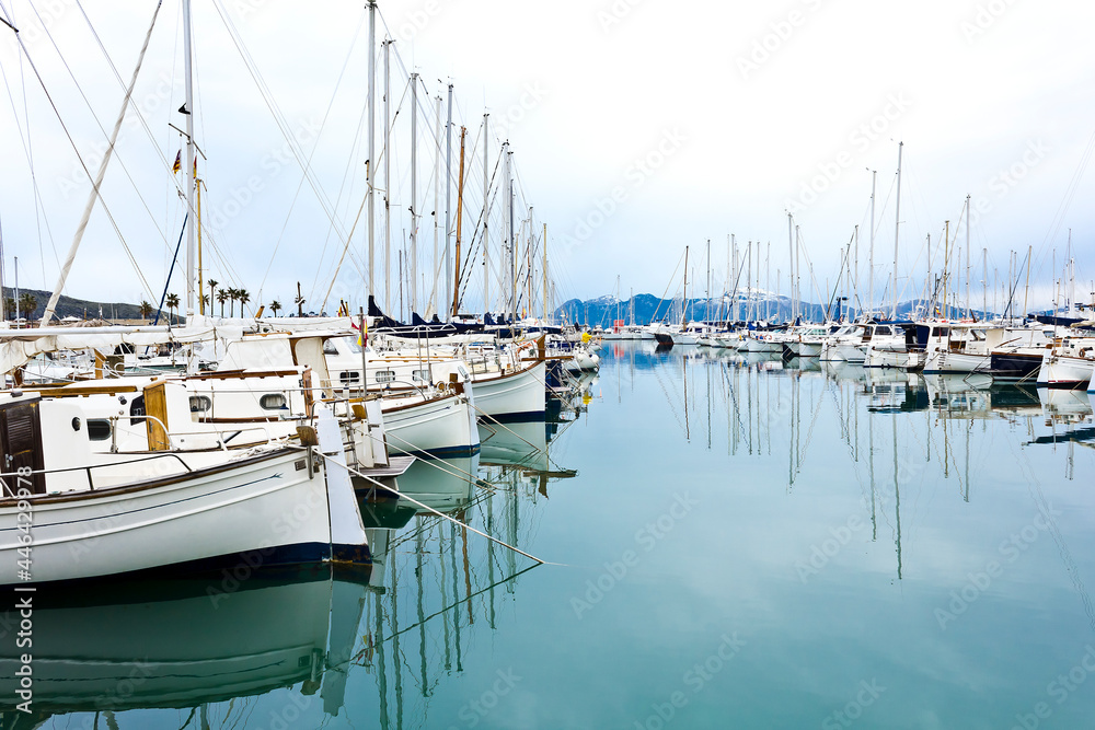 The yacht marina of Port de Pollenca on a windless day in winter, balearic island of Majorca or Mallorca.