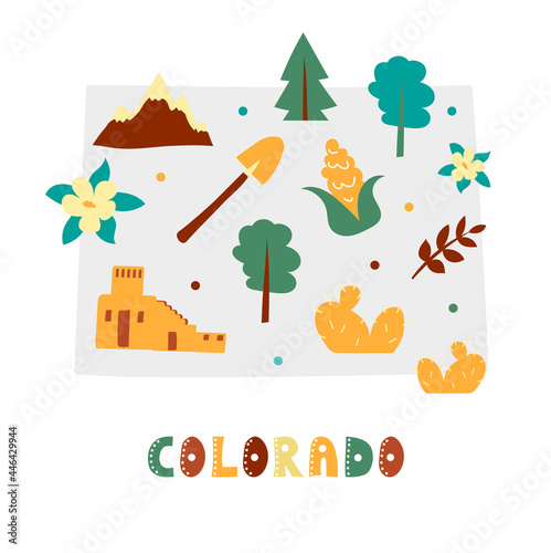 USA map collection. State symbols and nature on gray state silhouette - Colorado. Cartoon simple style for print