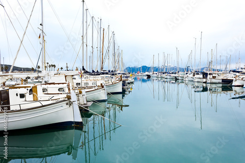 The yacht marina of Port de Pollenca on a windless day in winter, balearic island of Majorca or Mallorca.