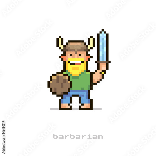 colorful simple flat pixel art illustration of cartoon smiling viking in a horned helmet with a blond beard who holds an axe and a shield in his hands