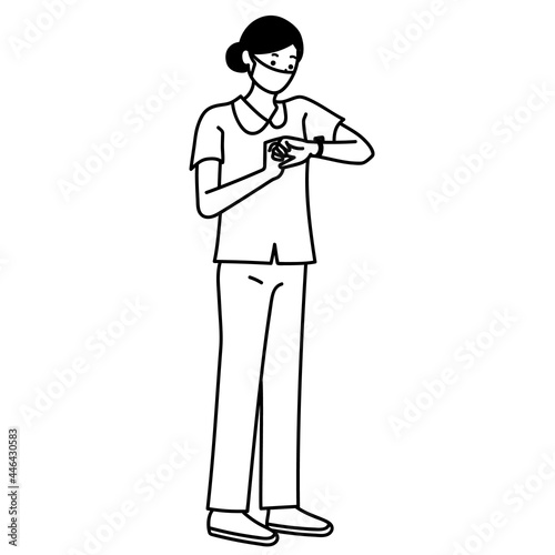 時計を見る看護師の全身ベクターイラスト
