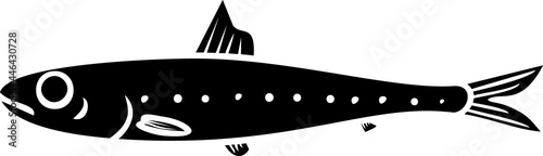 Black silhouette of cartoon sardine fish isolated on white background