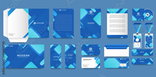 Blue corporate identity design template with abstract geometric background