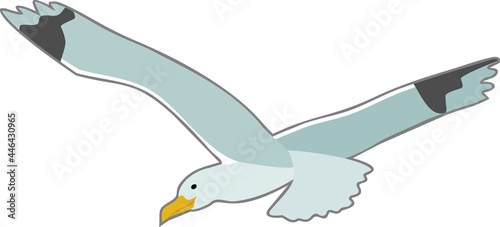 Cartoon seagull in flight with spreading wings isolated on white background