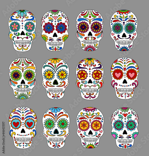 Day of the dead sugar skull isolated. Dia de los muertos. Coloring book page.Day of the dead and mexican Halloween. Mexican tradition festival. Dia de los Muertos tattoo skulls set. 