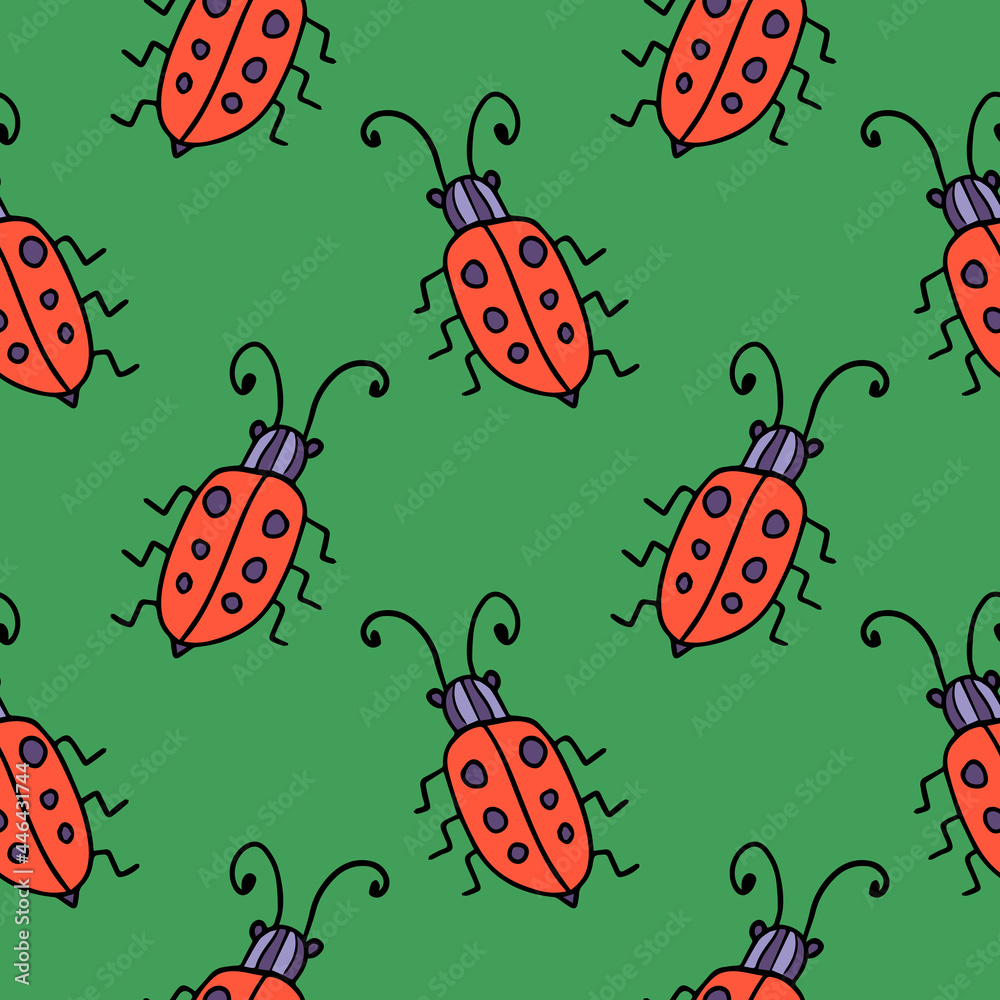 Seamless pattern with cute cartoon doodle linear bug isolated on background.