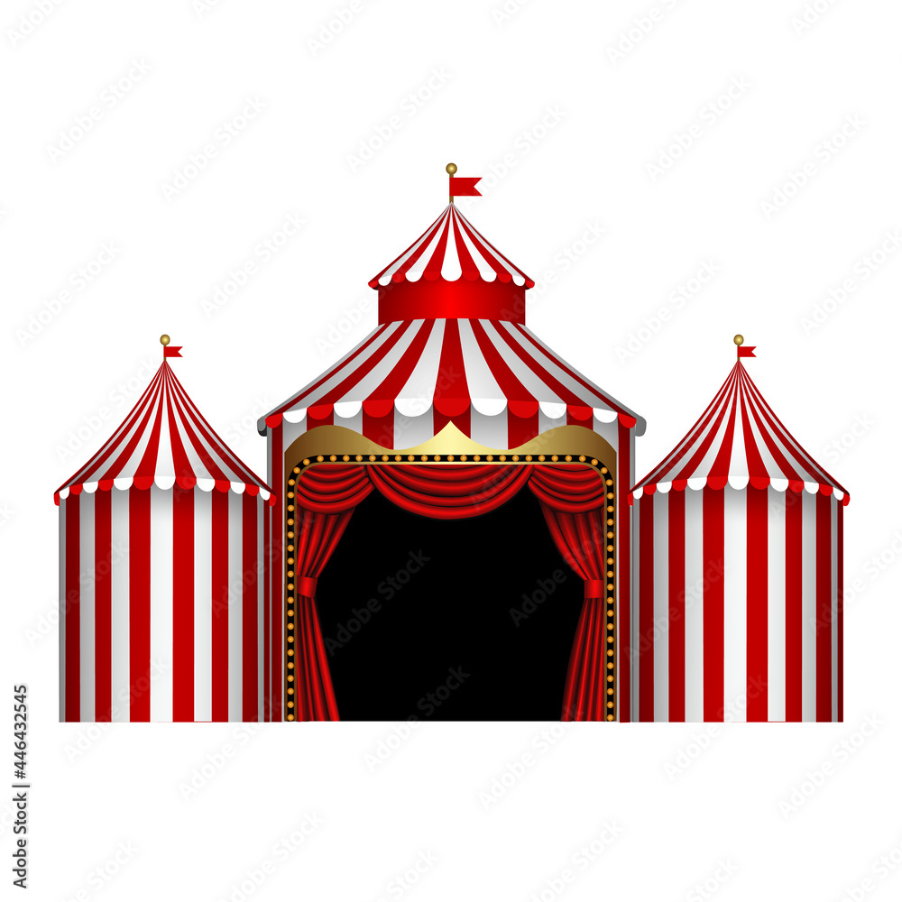 isolated circus stage with red and white stripes and red curtain