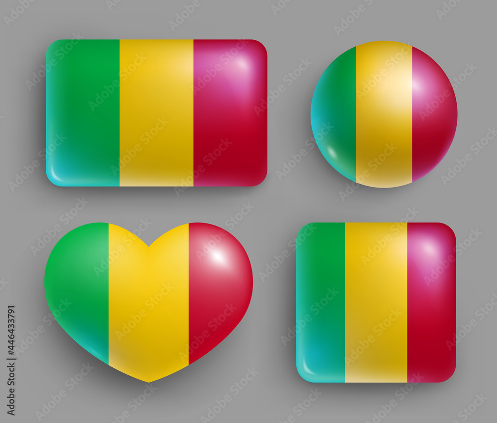 Set of glossy buttons with Mali country flag. Western Africa republic national flag, shiny geometric shape badges. Mali symbols in patriotic colors realistic vector illustration Set of glossy buttons with Mali country flag. Western Africa republic national flag, shiny geometric shape badges. Mali symbols in patriotic colors realistic vector illustration