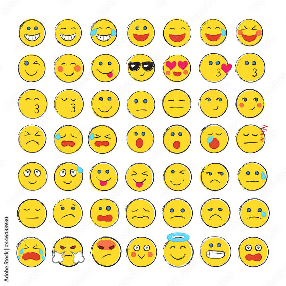 Big set of emoticon smile icons. Cartoon sketch emoji set. Vector illustration Big set of emoticon smile icons. Cartoon sketch emoji set. Vector illustration