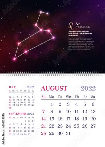 Wall zodiac calendar of August in vertical format. 2022 scheduler, planner, stationery organizer, week starts Sunday. Leo constellation astrological symbol on dark blue starry background