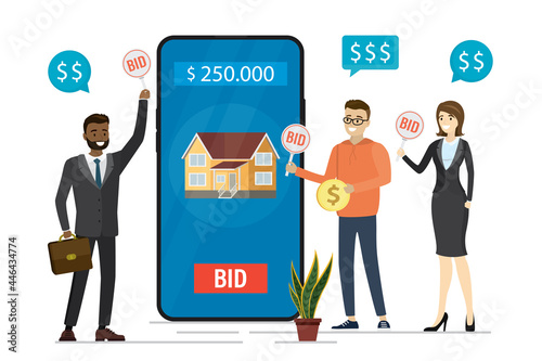 Online auction on smartphone screen. House is being sold online. Various business people holds bid boards. Internet auction, mobile trade technologies.