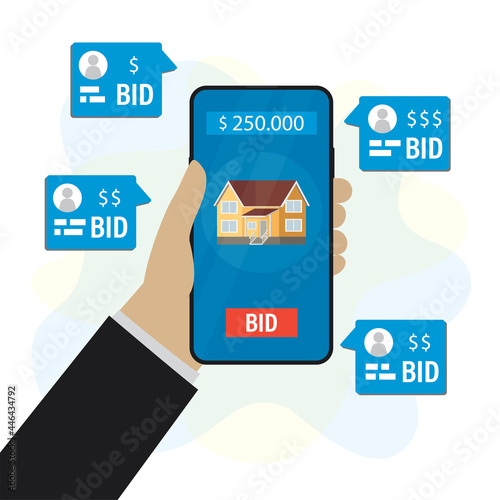 Cartoon hand holds mobile phone. Online auction. House is being sold online. Speech bubbles with various bids. Internet auction and trade technologies.