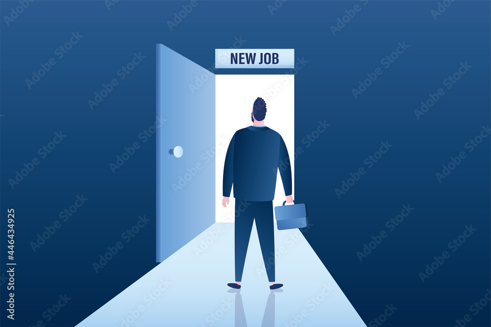 Fototapeta premium Job offer, recruitment process. Job challenge, make decision for new opportunity in work or career development. Businessman after interview, back view.