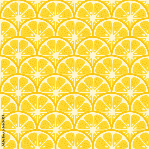 Cute Vector Lemon seamless pattern. Cartoon summer fresh fruit circle slice, sliced lemons textured yellow print . Lemonade repeat texture for wallpaper, background, wrap, tropical fabric design