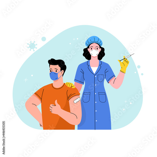 Vaccination against coronavirus. Vector illustration of cartoon doctor with a syringe in her hand and a patient with a patch on his shoulder. Isolated on background