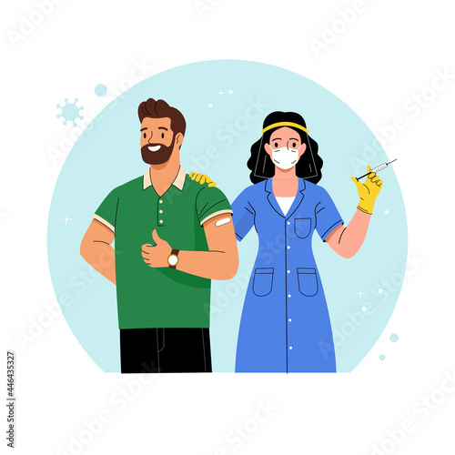 Vaccination against coronavirus. Vector illustration of cartoon doctor with a syringe in her hand and a patient with a patch on his shoulder. Isolated on background
