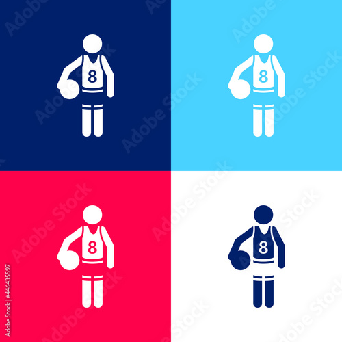 Basketball Player With The Ball blue and red four color minimal icon set