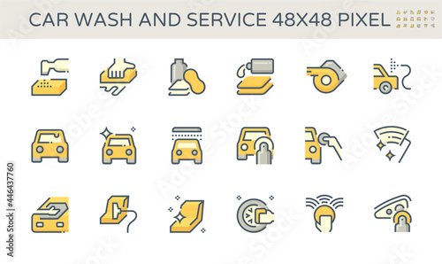 Car wash service vector icon. Business to care, repair, clean, wash and detail by hand, cleaner, wax, equipment. To polish at paint, glass, alloy, tire and leather at interior for shiny auto mobile.