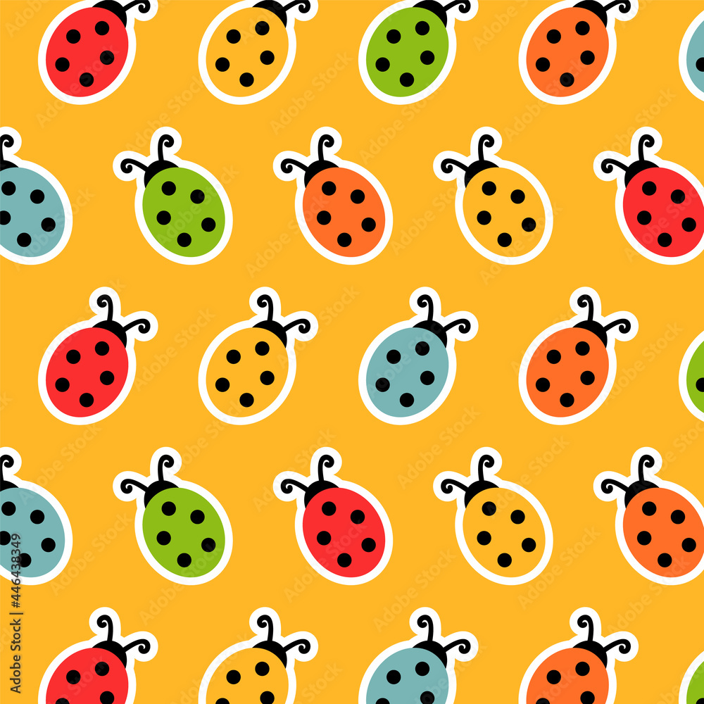 Stylized multicolored ladybugs on yellow background, flat vector illustration. Summer pattern. 