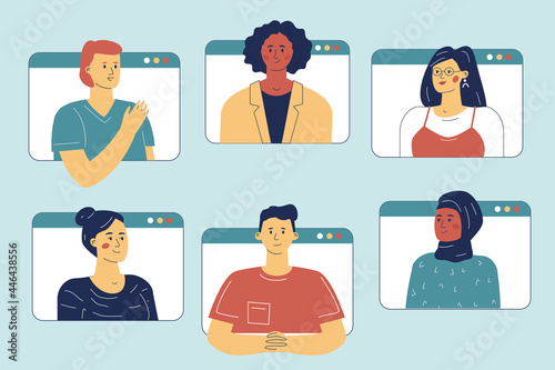 A group of diverse people make a video conference to discuss working issues online.
