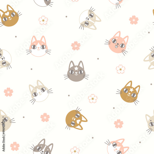 Seamless vector pattern with cats faces and sakura flowers. Cute pattern with cats faces icons isolated on white. Kids pattern for clothes, wrapping, wallpapers, etc.