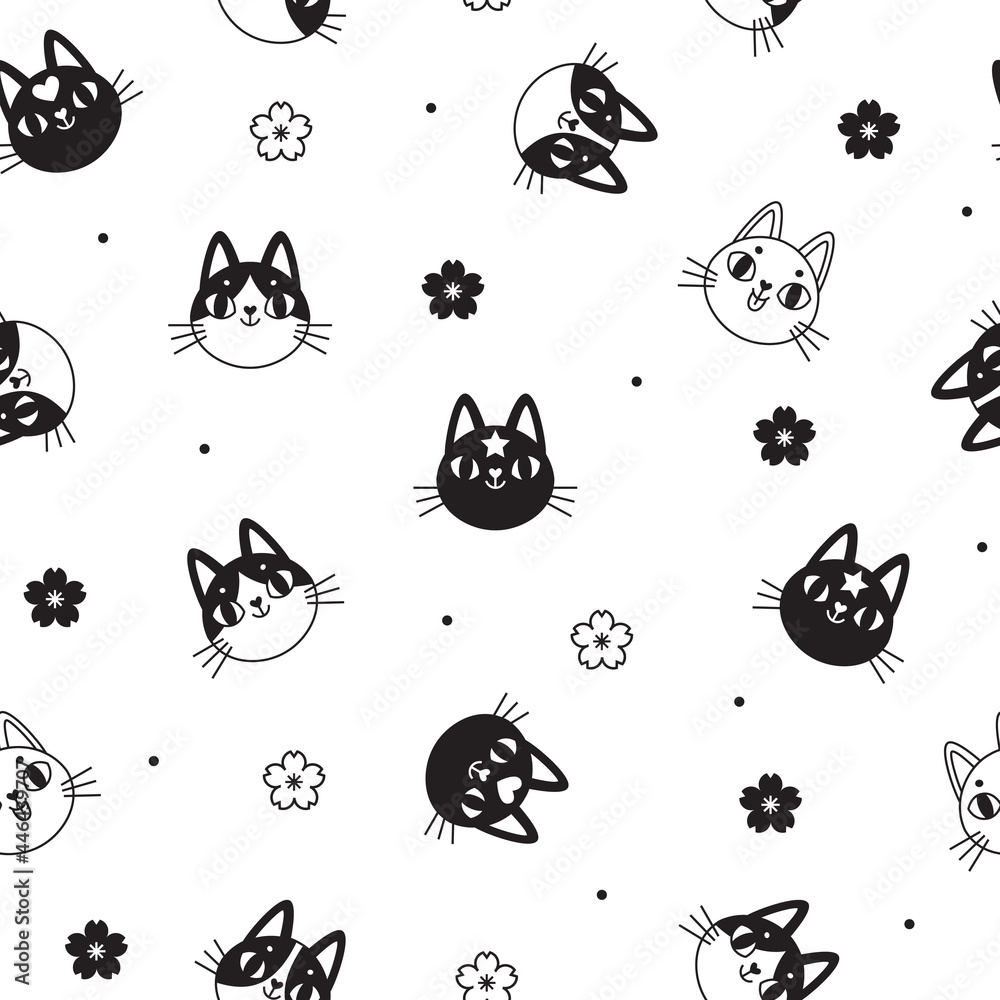Fototapeta premium Seamless vector pattern with cute cats faces, sakura flowers and dots on the white background. Black and white pattern with cats faces icons isolated on white. Kids pattern for clothes, wrapping, etc.