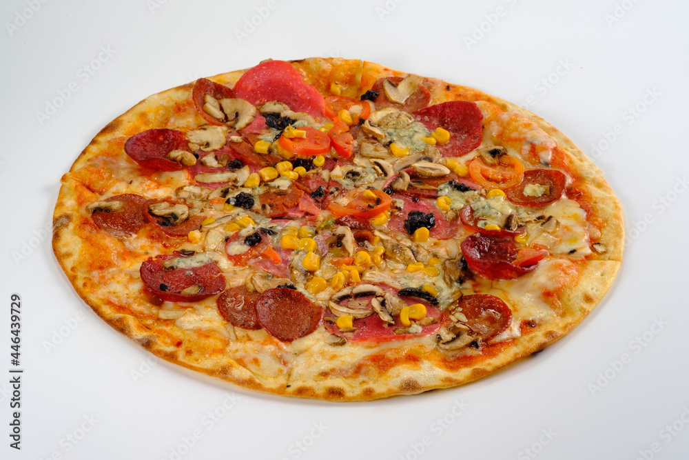 Mixed pizza on a white background.