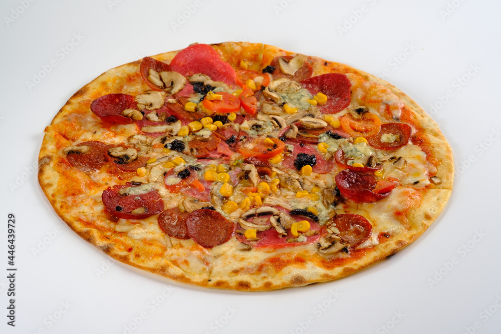 Mixed pizza on a white background. Mixed pizza on a white background.