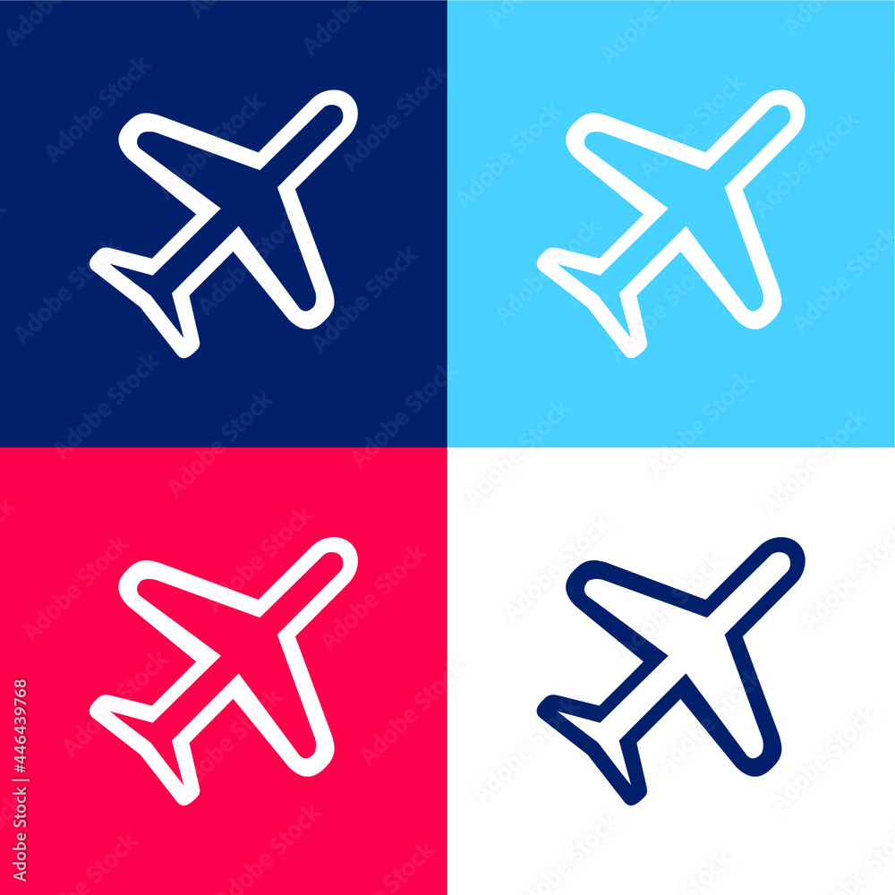 Airplane Rotated Diagonal Transport Outlined Symbol blue and red four color minimal icon set