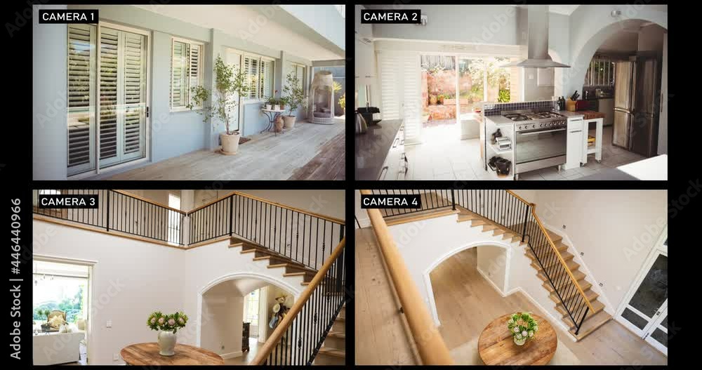 Composite of views from four security cameras in family home, showing stairs, terrace and kitchen