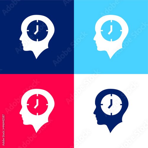Bald Head With A Clock blue and red four color minimal icon set
