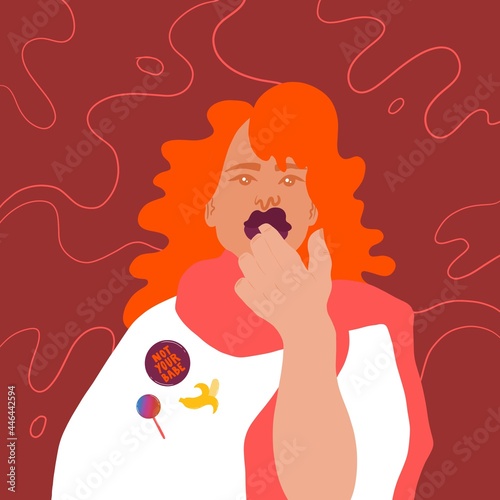 Woman with buttons licking her lips. 