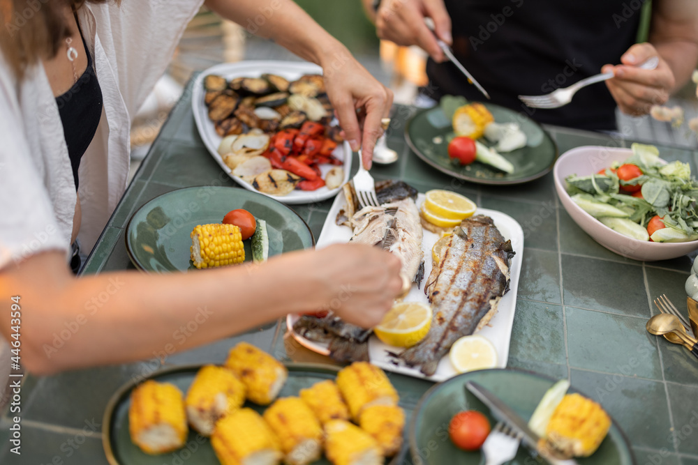 People eating healthy food outdoors, grilled fish and vegetables on a green table, close-up