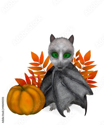 Cute fantasy bat. Autumn set. Leaves on the background. Pumpkin Halloween decoration. Isolated digital illustraion. Print quality.