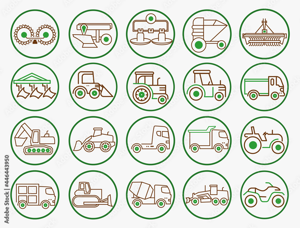 Agriculture equipment machinery icon set. Industrial machinery symbols