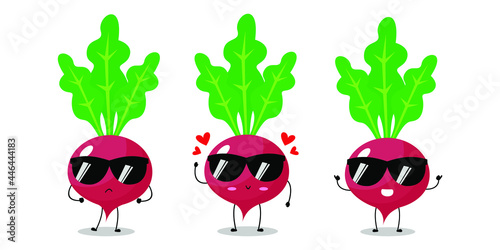 Vector illustration of red radish character with various cute expression, funny, isolated on white background, vegetable for mascot collection, emoticon kawaii, cool, sunglasses